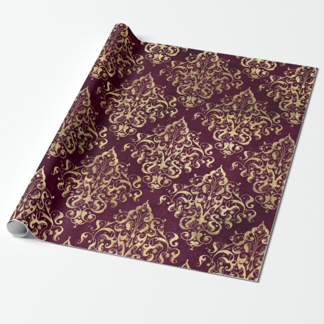Vintage Paris Burgundy and Gold Damask Wrapping Paper (Unrolled)