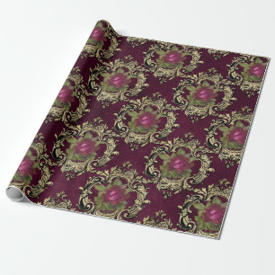 Vintage Paris Burgundy and Gold Rose pattern Wrapping Paper