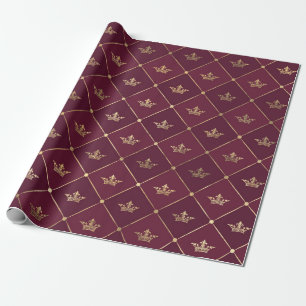 Vintage Paris Burgundy Red and Gold Crown pattern Wrapping Paper