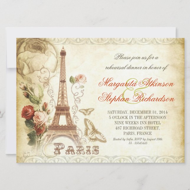 vintage PARIS chic rehearsal dinner invitations (Front)