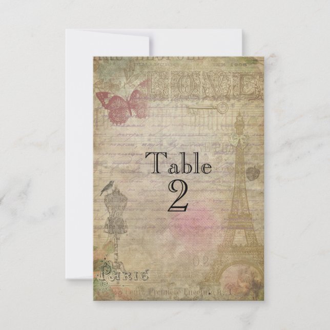 Vintage Paris Chic Wedding Table Number Cards (Front)