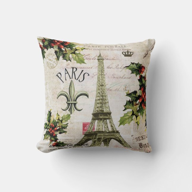 Vintage Paris Christmas Eiffel tower pillow (Front)