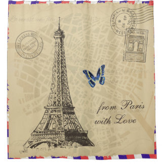 Vintage Paris City Map Old Air Mail Envelope Shower Curtain
