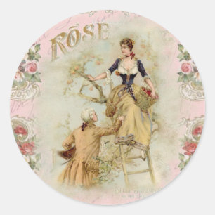 Vintage Paris Couple Picking Fruit Pink decoupage Classic Round Sticker