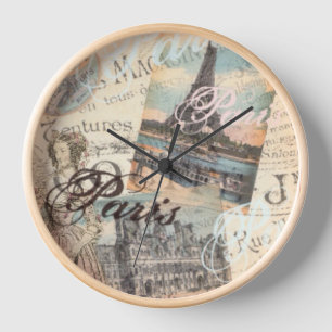 Vintage Paris decoupage Landmarks typography Round Clock