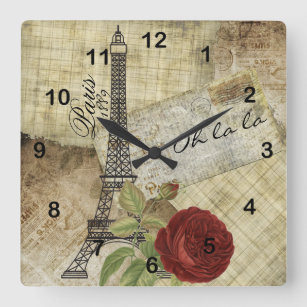Vintage Paris Design Square Wall Clock