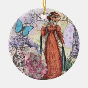 Vintage Paris Eiffel Tower Collage Romantic French Ceramic Tree Decoration
