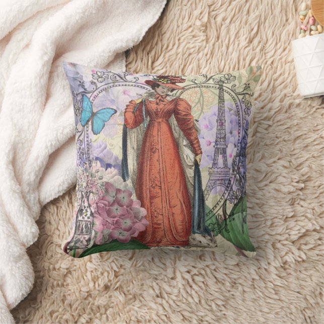 Vintage Paris Eiffel Tower Collage Romantic French Cushion (Blanket)