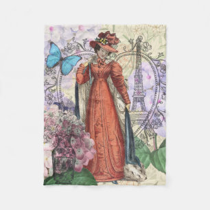 Vintage Paris Eiffel Tower Collage Romantic French Fleece Blanket