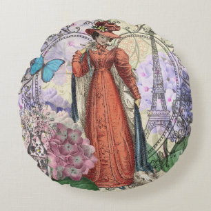 Vintage Paris Eiffel Tower Collage Romantic French Round Cushion
