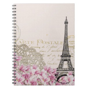 Vintage Paris Eiffel Tower Floral Art Illustration Notebook