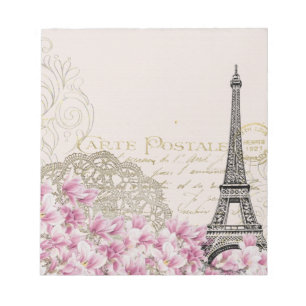 Vintage Paris Eiffel Tower Floral Art Illustration Notepad