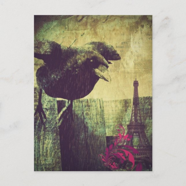 Vintage Paris Eiffel tower halloween Black Raven Postcard (Front)