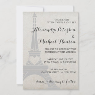 Vintage Paris Eiffel Tower on Antique Grey Wedding Invitation