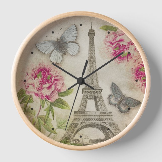 Vintage Paris Eiffel Tower Peonies Clock (Front)
