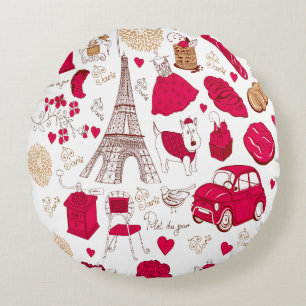 Vintage Paris Eiffel Tower Pink Romance French Round Cushion