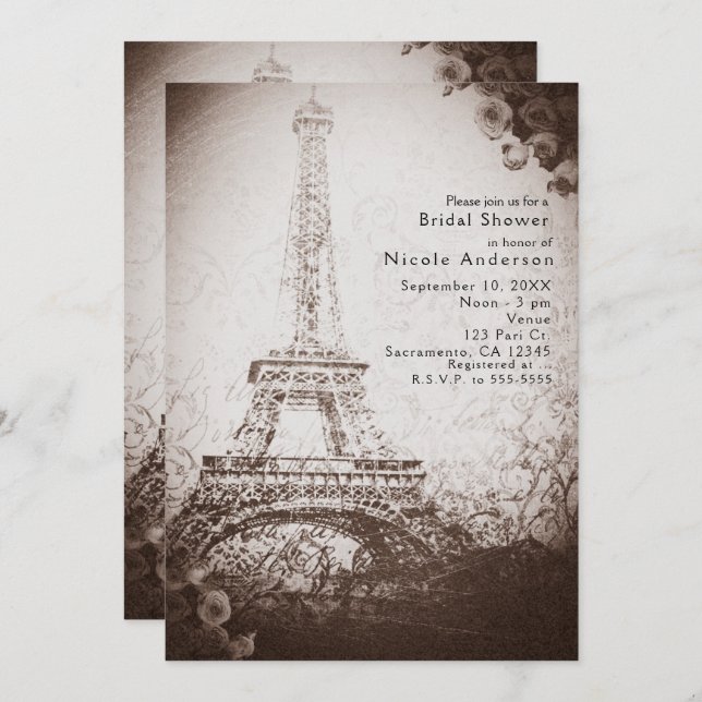 Vintage Paris Eiffel Tower & Roses Chic Invitation (Front/Back)