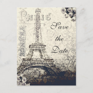 Vintage Paris Eiffel Tower & Roses Save the Date Announcement Postcard