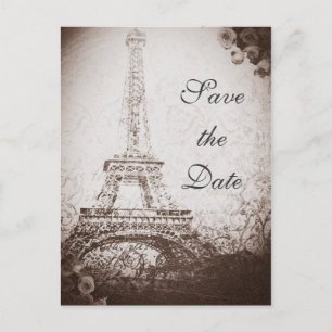 Vintage Paris Eiffel Tower & Roses Save the Date Announcement Postcard