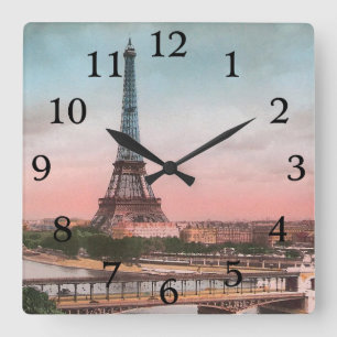 VIntage Paris Eiffel Tower Scene Square Wall Clock