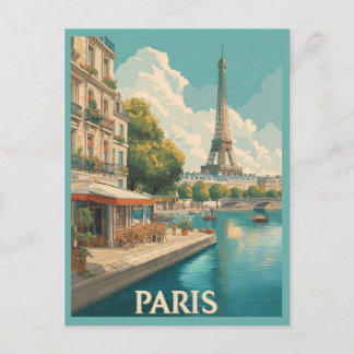 Vintage Paris : Eiffel Tower & Seine Café Postcard