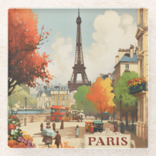 Vintage Paris Eiffel Tower Street Scene Glass Coaster