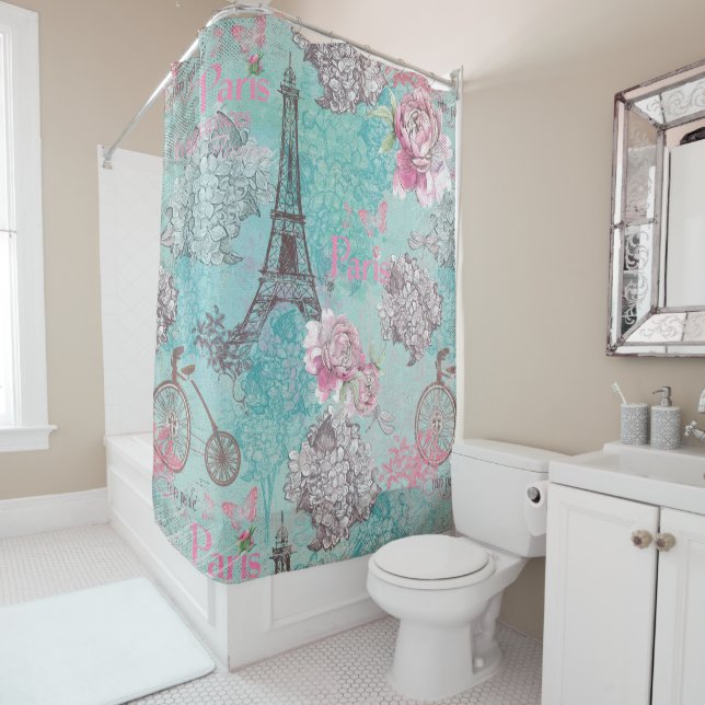 Vintage Paris-Eiffeltower- Flowers Bicycle Shower Curtain (In Situ)