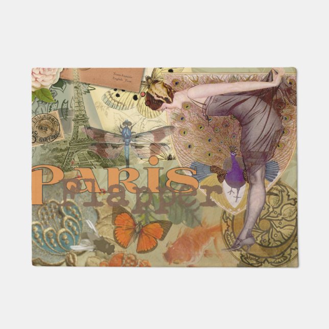 Vintage Paris Flapper Art Deco Peacock Collage Doormat (Front)