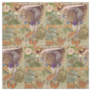 Vintage Paris Flapper Art Deco Peacock Collage Fabric