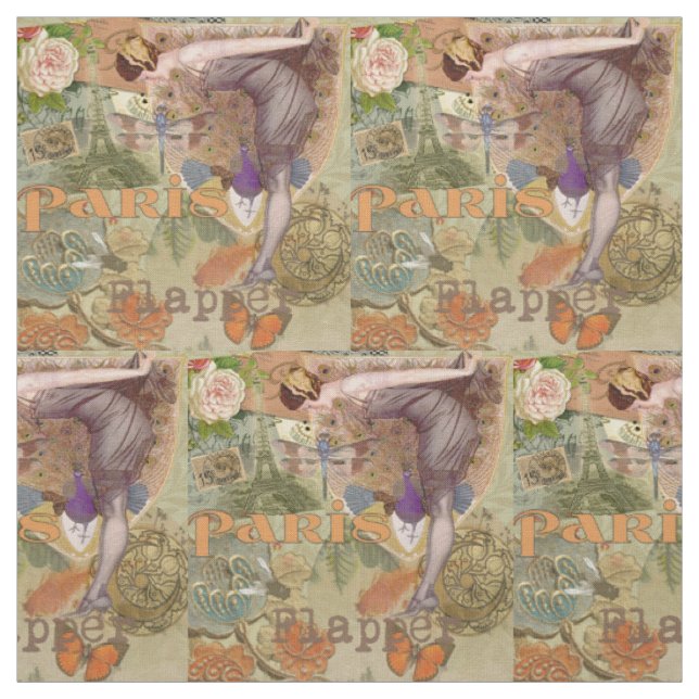 Vintage Paris Flapper Art Deco Peacock Collage Fabric (Swatch)