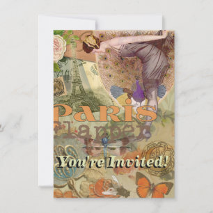 Vintage Paris Flapper Art Deco Peacock Collage Invitation
