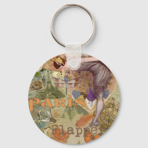 Vintage Paris Flapper Art Deco Peacock Collage Key Ring