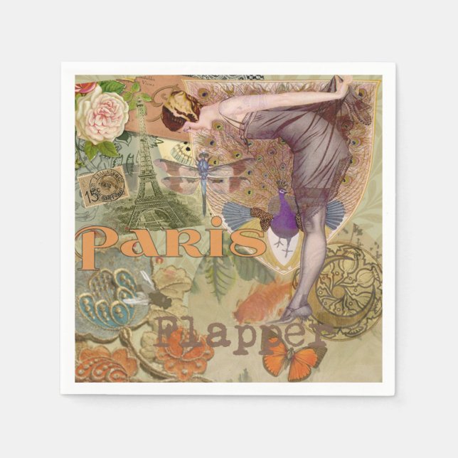 Vintage Paris Flapper Art Deco Peacock Collage Napkin (Front)