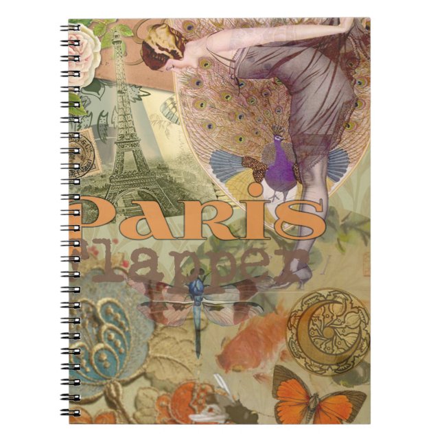 Vintage Paris Flapper Art Deco Peacock Collage Notebook (Front)