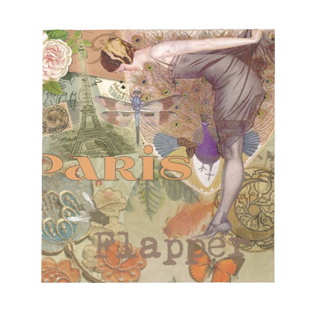 Vintage Paris Flapper Art Deco Peacock Collage Notepad (Front)