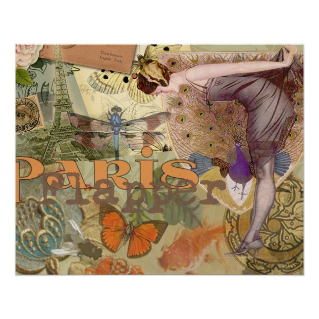Vintage Paris Flapper Art Deco Peacock Collage Poster (Front)