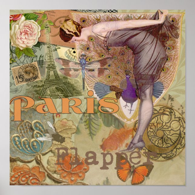 Vintage Paris Flapper Art Deco Peacock Collage Poster (Front)