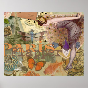 Vintage Paris Flapper Art Deco Peacock Collage Poster