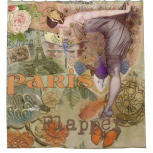 Vintage Paris Flapper Art Deco Peacock Collage Shower Curtain