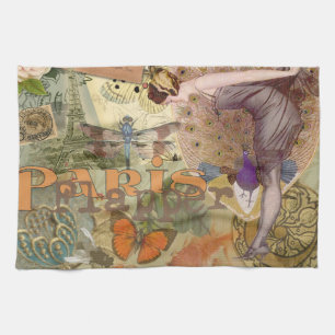 Vintage Paris Flapper Art Deco Peacock Collage Tea Towel
