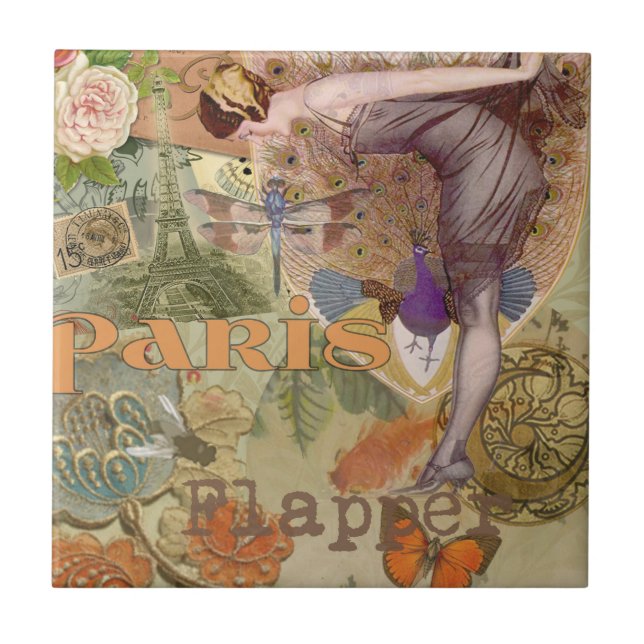 Vintage Paris Flapper Art Deco Peacock Collage Tile (Front)