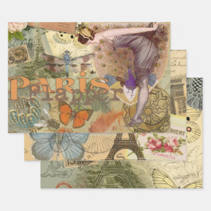Vintage Paris Flapper Art Deco Peacock Collage Wrapping Paper Sheet