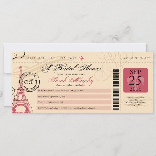 Vintage Paris France Bridal Shower Boarding Pass Invitation (Front)