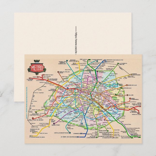 Vintage Paris France Metro Map Postcard (Front/Back)