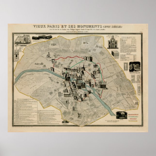 Vintage Paris France Monuments & Landmarks Map Poster (Front)