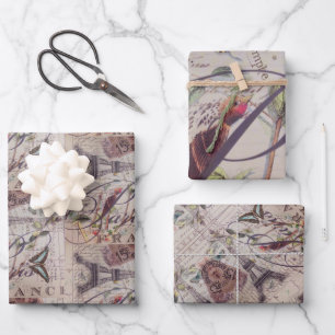 Vintage Paris French Bird Botanical Eiffel Tower Wrapping Paper Sheet