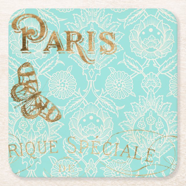 Vintage Paris Gold Design Square Paper Coaster (Front)