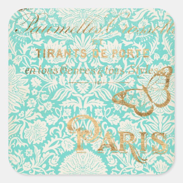 Vintage Paris Gold Design With Butterfly Square Sticker (Front)