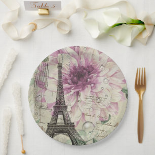Vintage Paris Party French Botanical Eiffel Tower  Paper Plate