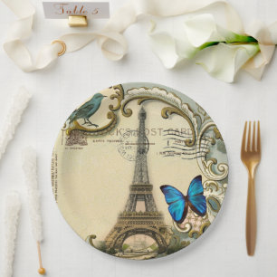 Vintage Paris Party French Botanical Eiffel Tower  Paper Plate